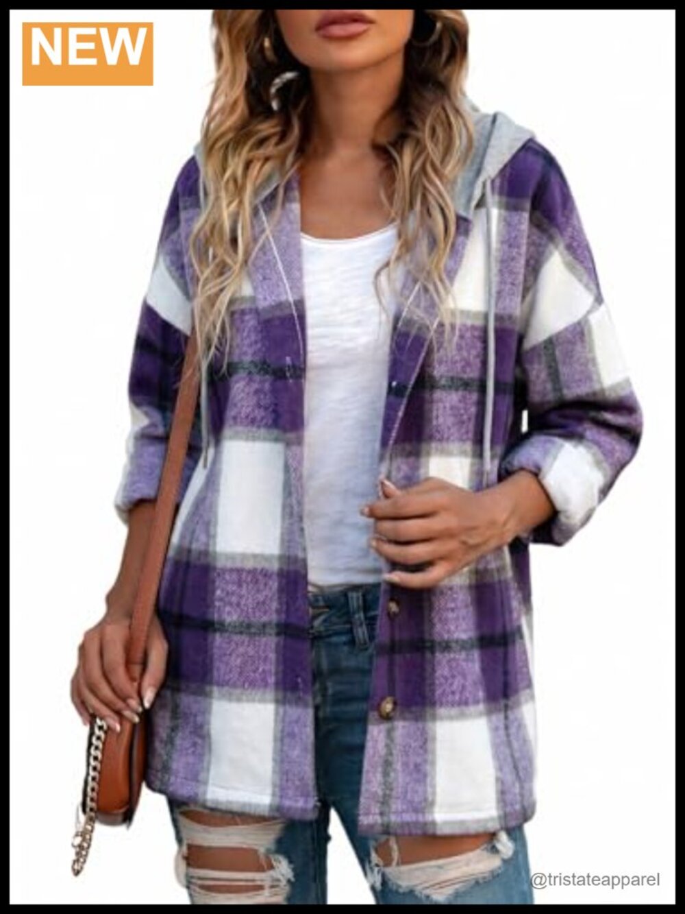 Women Plaid Flannel Shacket Jacket Button Down Hooded Long Sleeve